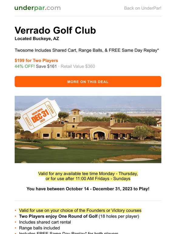 Verrado Golf Club is Back! $199 Twosome with Cart, Range Balls, & FREE Replay - Buckeye, AZ (Valid until Dec 31, 2023)