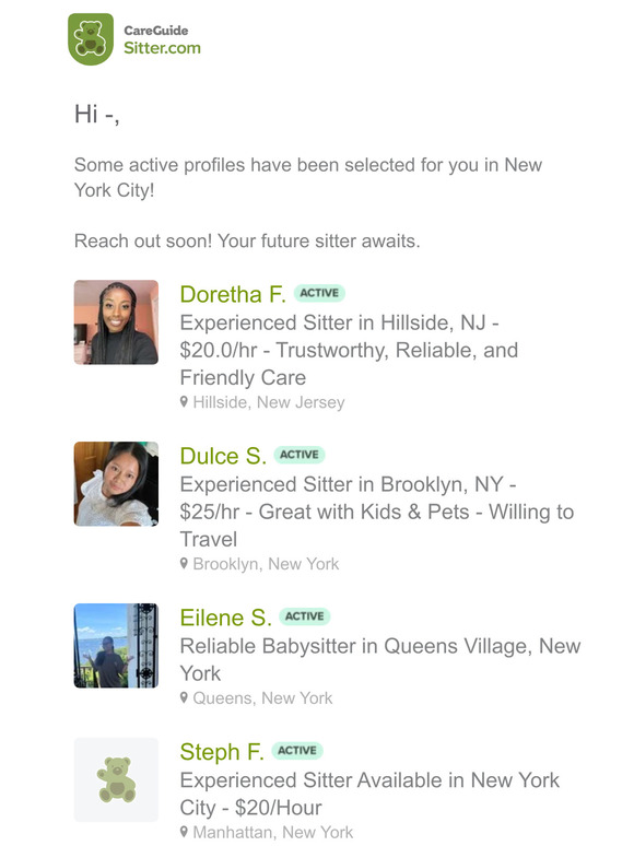 —, 5 new sitters have been selected for you in New York City