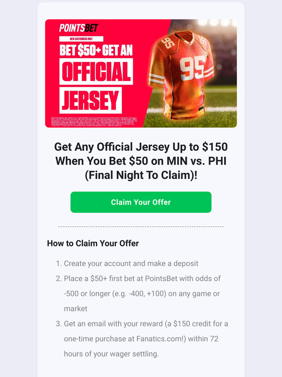 PointsBet promo: Bet $50+ to get an official Fanatics jersey