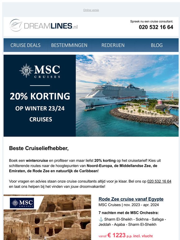 ☀️ 20% korting op winter 23/24 cruises bij MSC Cruises