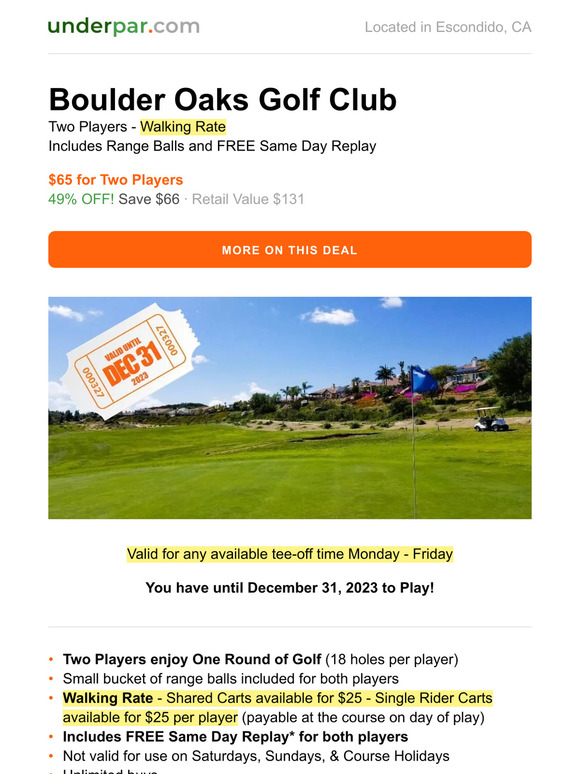 Valid until Dec 31, 2023: Boulder Oaks Golf Club - $65 Twosome with Range Balls and FREE Replay