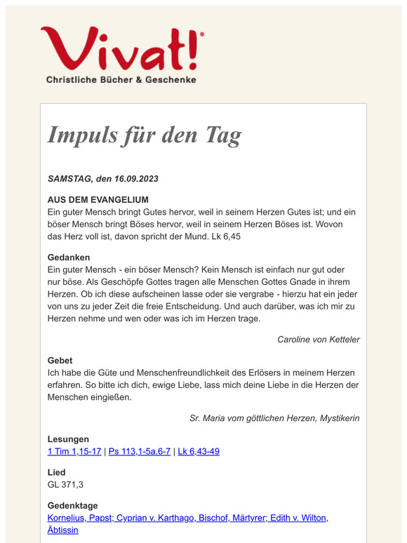 Impuls für SAMSTAG, den 16.09.2023 - von Vivat!
