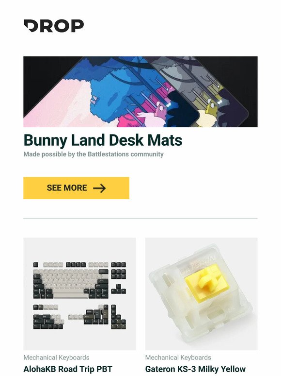 Bunny Land Desk Mats, AlohaKB Road Trip PBT Keycap Set, Gateron KS-3 Milky Yellow Pro Mechanical Switches and more...