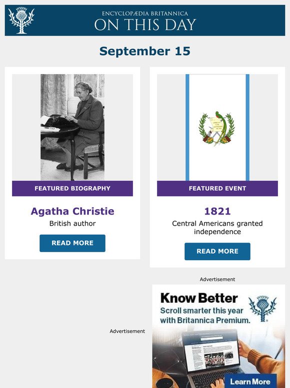 Central Americans granted independence, Agatha Christie is featured, and more from Britannica