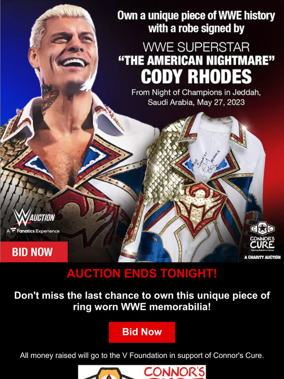 AUCTION ENDS TONIGHT! Bid now to win "The American Nightmare" Cody Rhodes's autographed RING WORN robe from Night of Champions!