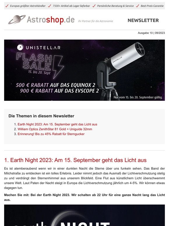 🔭Earth Night 2023: Am 15. September geht das Licht aus |William Optics ZenithStar 81 Gold + Uniguide 32mm | Bis zu 45% Rabatt für Sterngucker 🌒