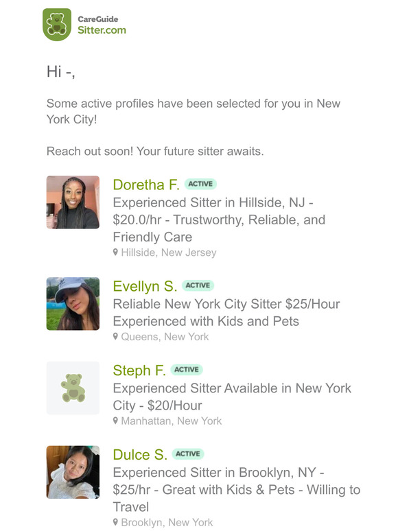 —, 5 new sitters have been selected for you in New York City
