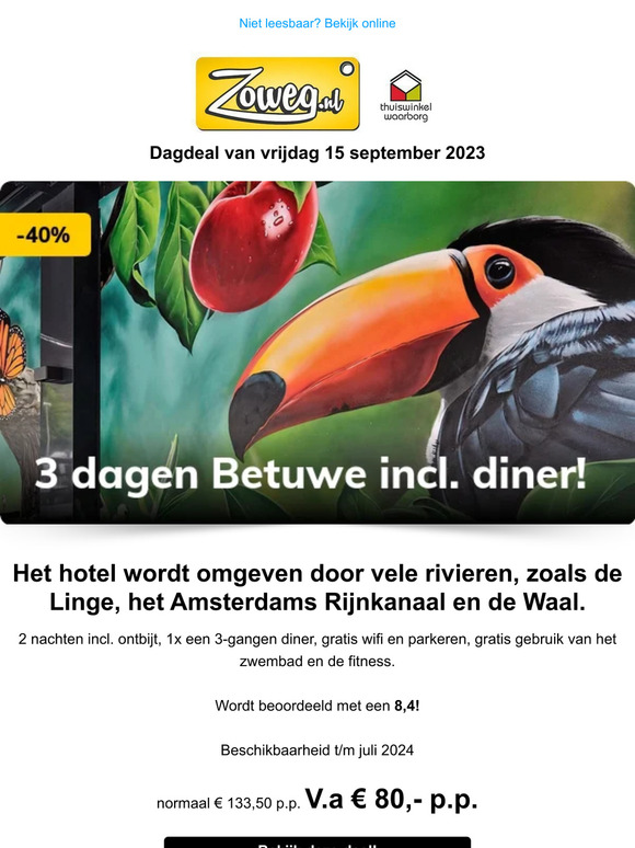 3 dagen Betuwe incl. diner v.a 80,- p.p.