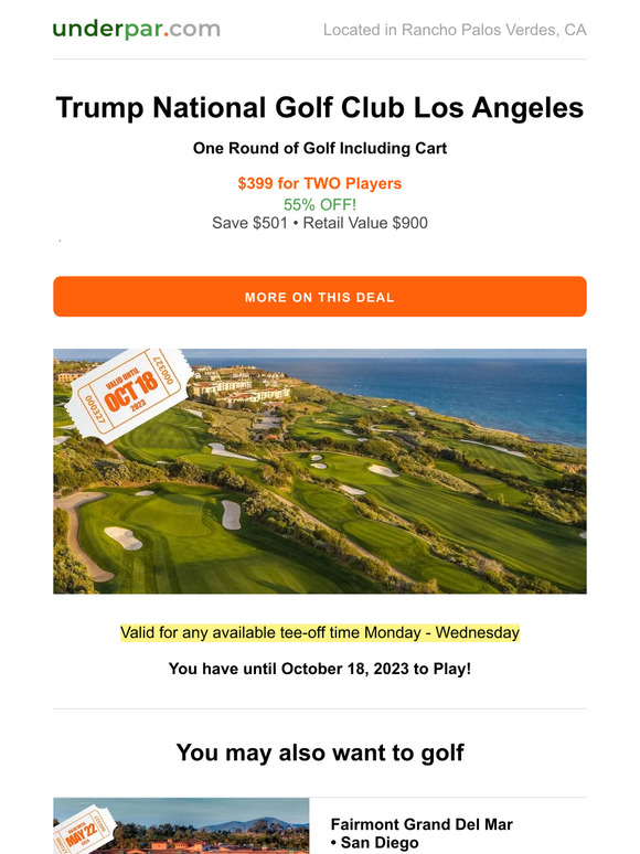 Valid until Oct 18, 2023: Trump National Golf Club Los Angeles - $399 Twosome with Cart