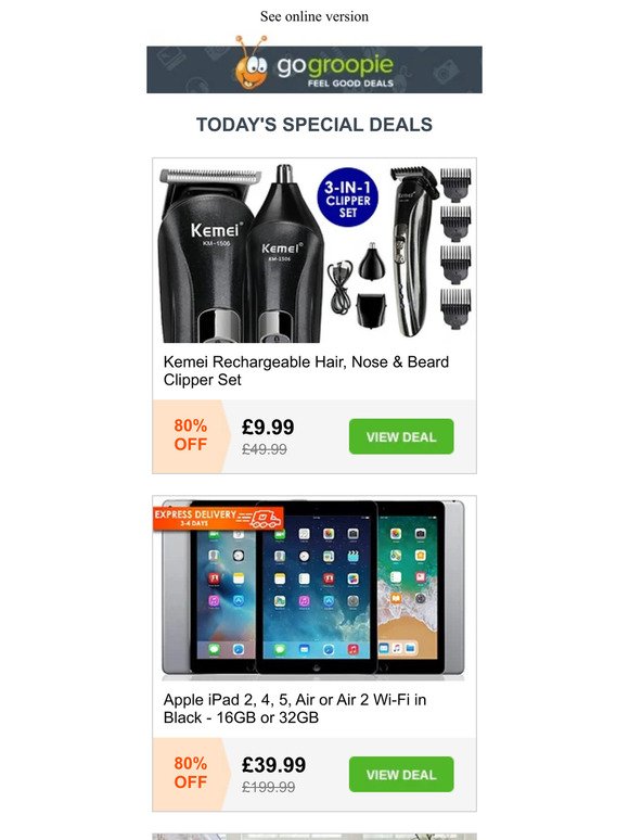 Kemel Clipper Set £9.99 | Apple iPad £39.99 | 4 Hotel Striped Pillows £11.99 | Wireless Car Vacuum Cleaner £12.99 | Christmas Chair Covers £9.99 | Macbook Pro £199!