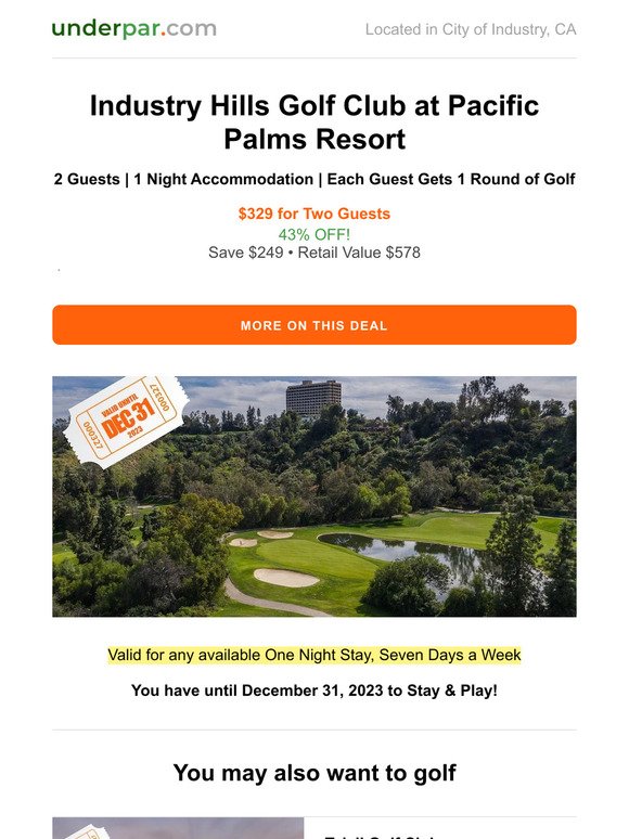 Valid until Dec 31, 2023: Industry Hills Golf Club at Pacific Palms Resort - $329 for Two Guests - 1 Night + 1 Round of Golf Each