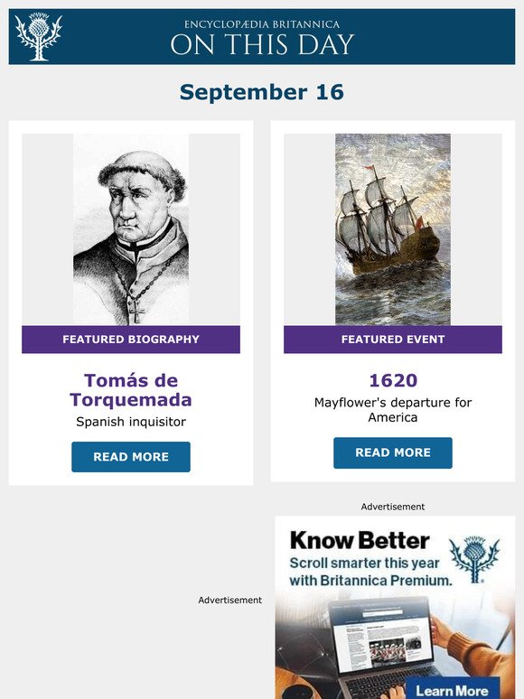 Mayflower's departure for America, Tomás de Torquemada is featured, and more from Britannica