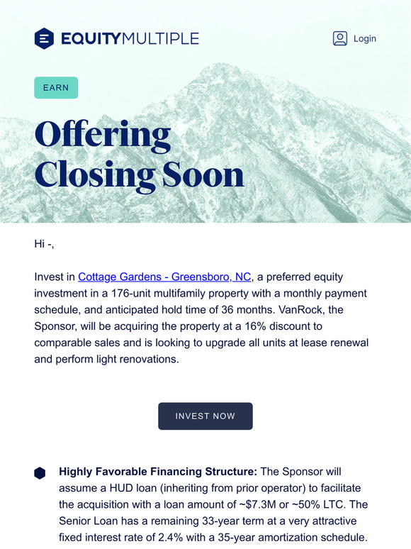 Closing Soon: Preferred equity w/ a target hold period of 36 months