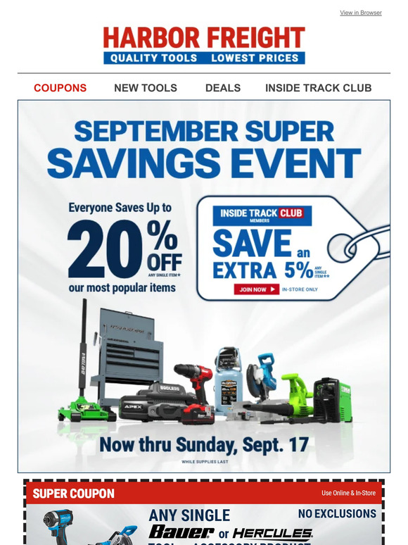 Harbor Freight ONLY 2 DAYS LEFT TO SAVE Up To 20 Off at the September