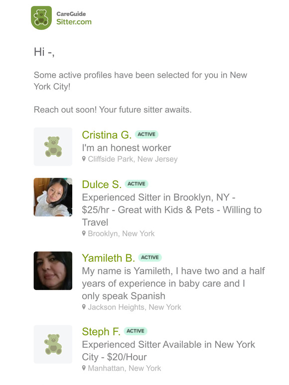 —, 5 new sitters have been selected for you in New York City