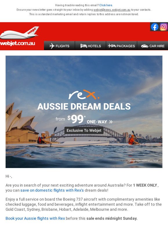 Aussie dream deals with Rex: $99 one-way to Melbourne!