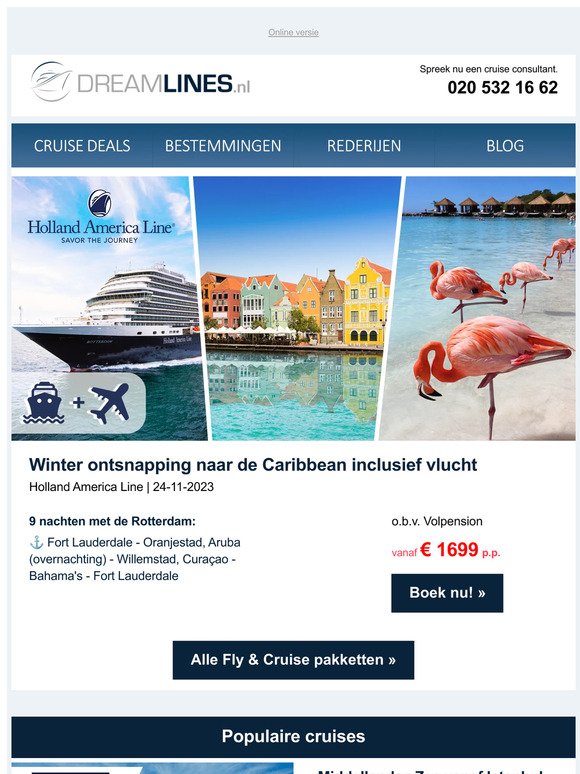 Fly & Cruise: 9 nachten Aruba, Curaçao & Bahama’s met Holland America Line!