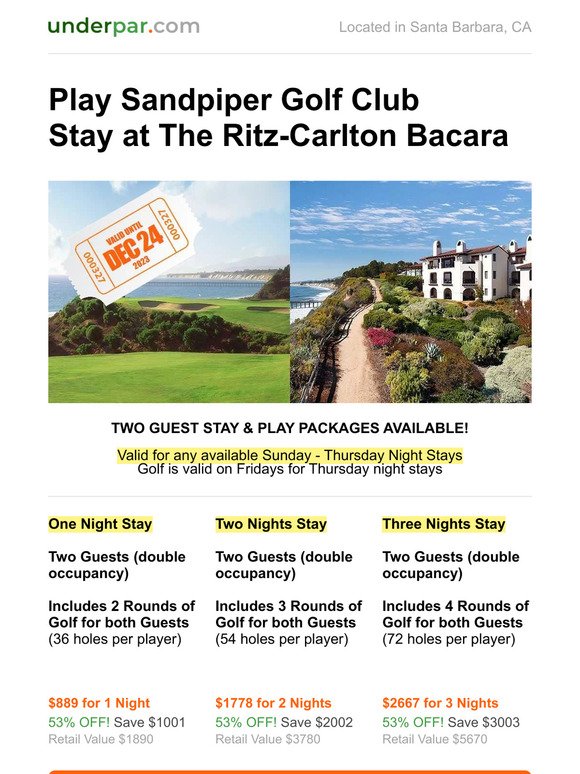 Sandpiper Golf Club and The Ritz-Carlton Bacara: $889 for Two Guests - 1 Night Stay with 2 Rounds of Golf Each (Valid until Dec 24, 2023)