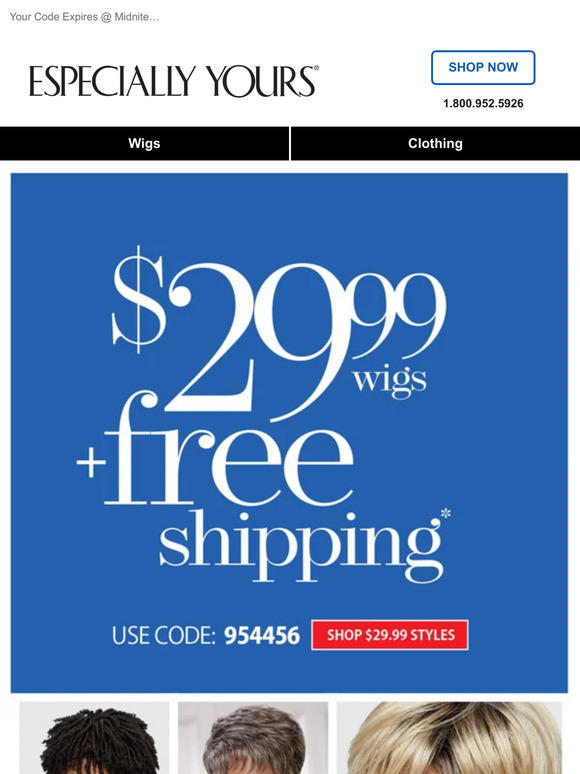 Time's Up: $29.99 Wigs + FREE Shipping!