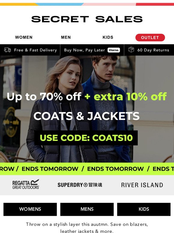 Up to 70% off + EXTRA 10% off coats & jackets! Hooded, padded, puffer, raincoats...