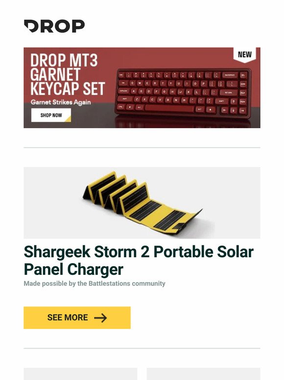 Shargeek Storm 2 Portable Solar Panel Charger, KTT Macaron Series Mechanical Switches, Drop MT3 Garnet Keycap Set and more...