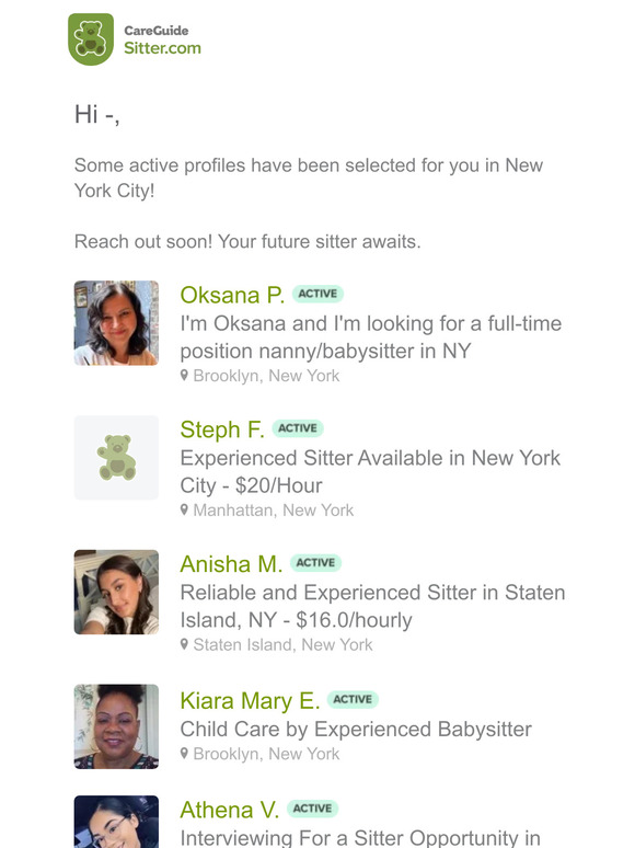 —, 5 new sitters have been selected for you in New York City
