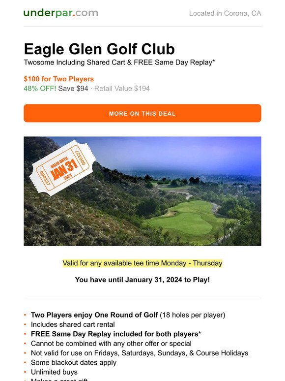 Now Valid until Jan 31, 2024: Eagle Glen Golf Club - $100 Twosome with Cart & FREE Replay