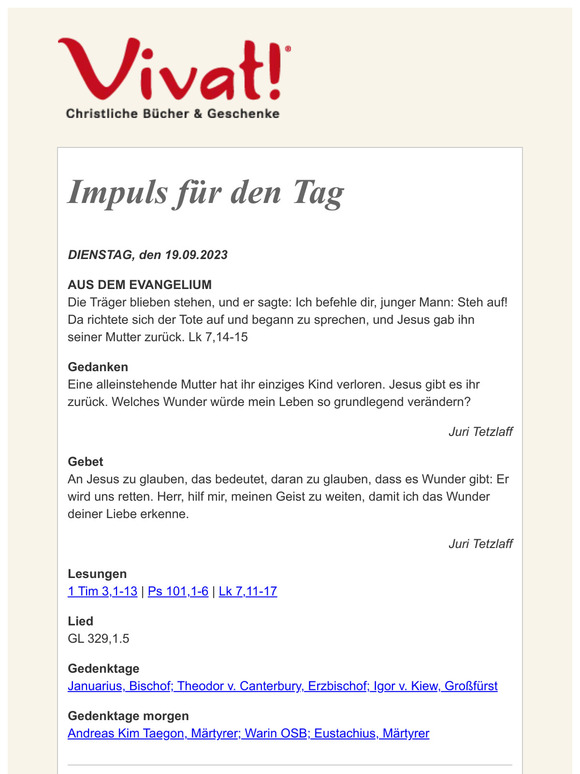 Impuls für DIENSTAG, den 19.09.2023 - von Vivat!