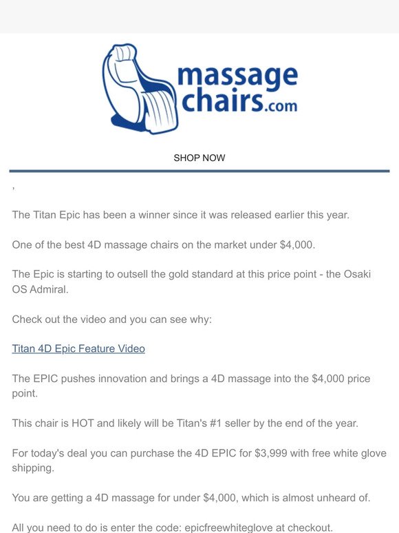 Feature Video:  Titan 4D Epic Massage Chair