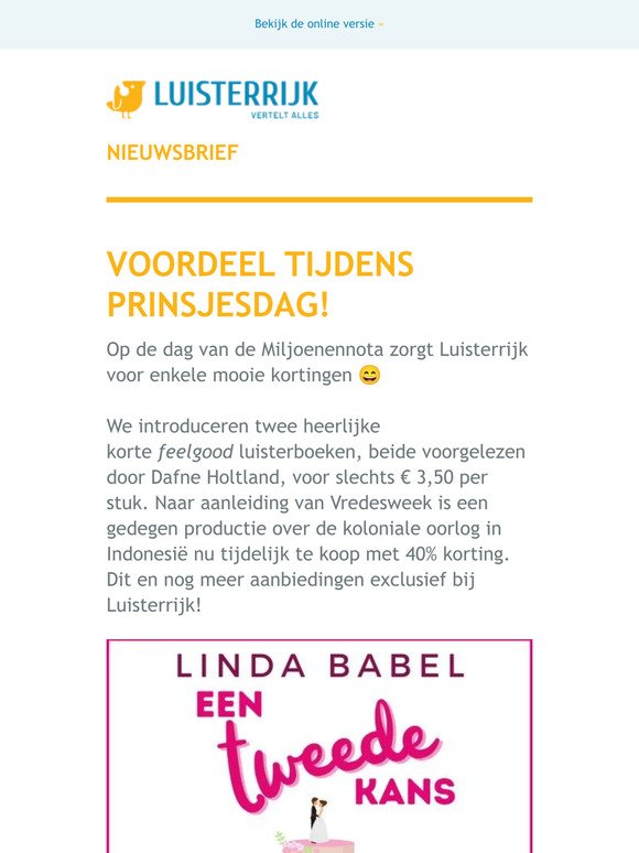 Prinsjesdagvoordeel bij Luisterrijk! Tot 50% korting op o.a. feelgood van Linda Jansma en de boeiende serie Stille getuigen