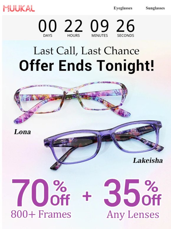 Last 24hrs to get 70% + 35% OFF eyewear ⏰⏰⏰