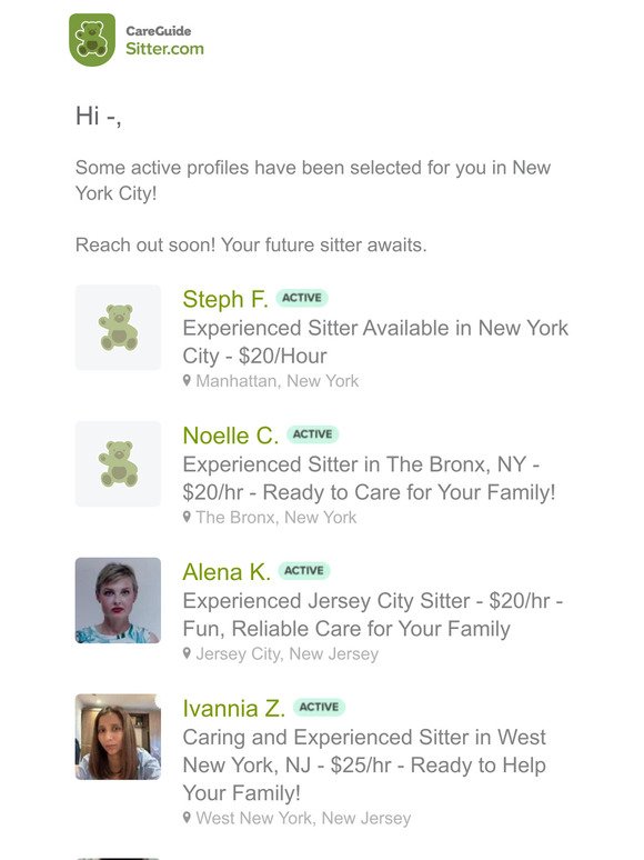 —, 5 new sitters have been selected for you in New York City