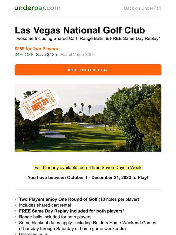 Valid until Dec 31, 2023: Las Vegas National Golf Club - $259 Twosome with Cart, Range Balls, & FREE Replay