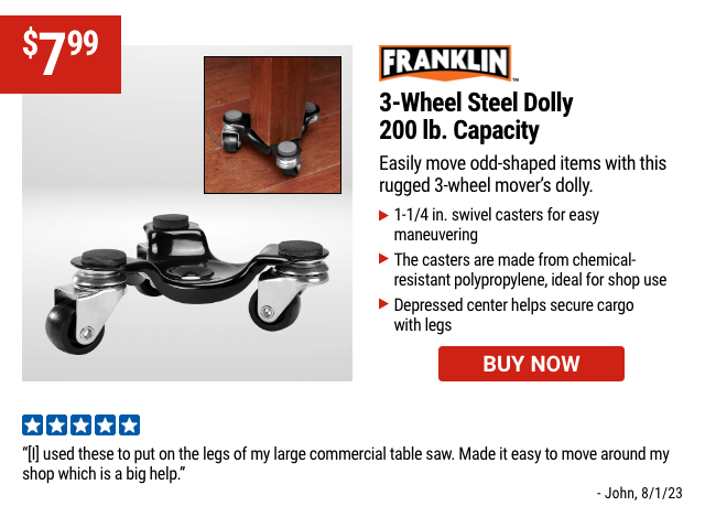 FRANKLIN: 3-Wheel Steel Dolly, 200 lb. Capacity