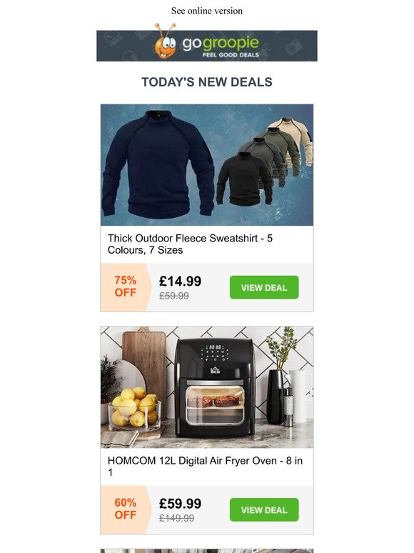 ❄️ Fleece Sweatshirt £14.99 | 12L Digital Air Fryer £59.99 | Lift Up Coffee Table £39.99 | House Sign & Solar Light £12.99 | Fingerprint Padlock £17.99 & More!