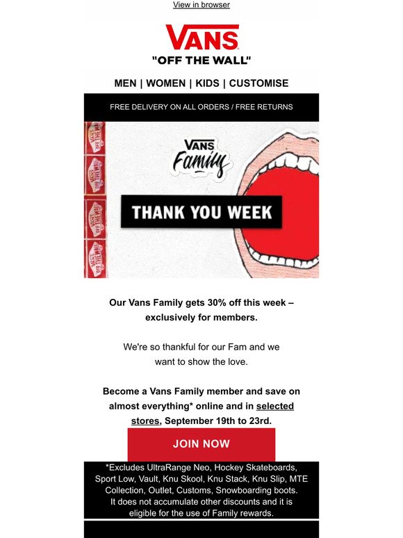 30% off, just for the Family – it's Thank You Week
