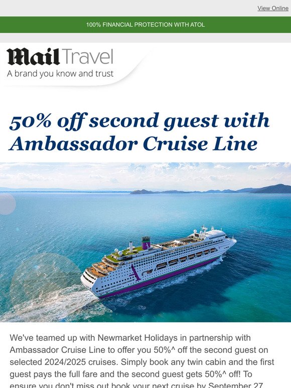 50% off second guest with Ambassador Cruise Line