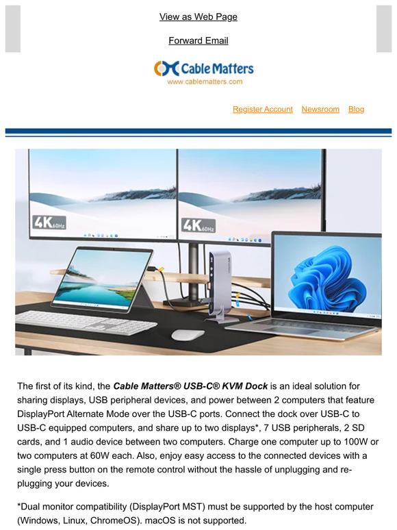 Cable Matters Inc. Cable Matters USBC KVM Switch Dock is Released