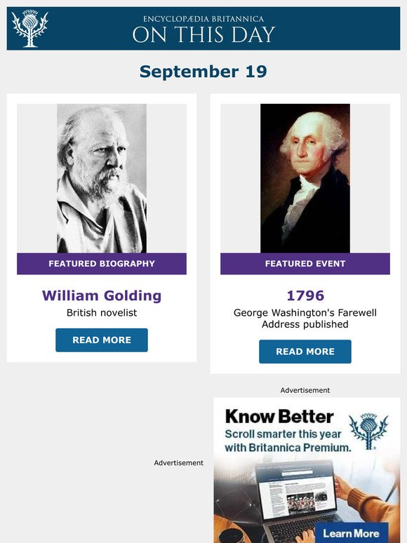 George Washington's Farewell Address published, William Golding is featured, and more from Britannica