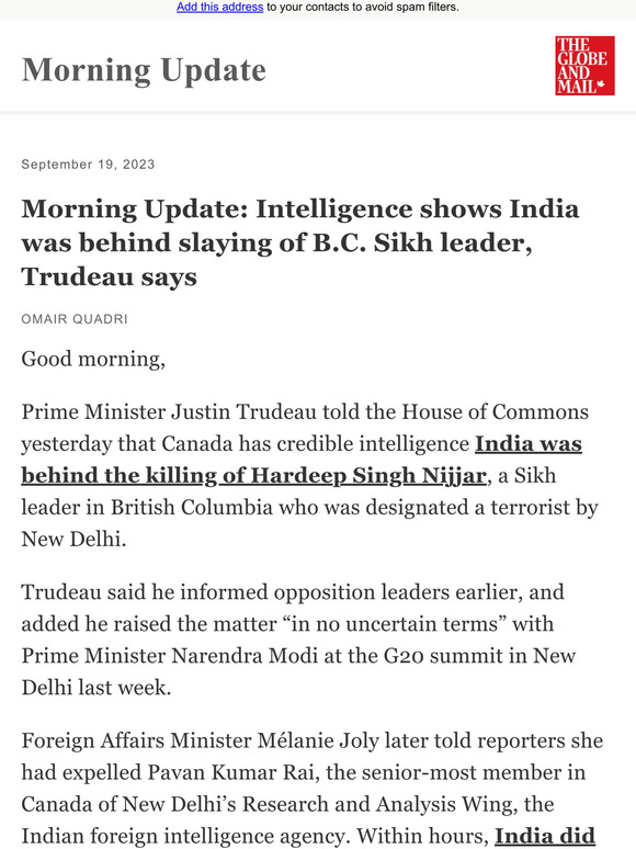 The Globe And Mail: Morning Update: Intelligence Shows India Was Behind ...