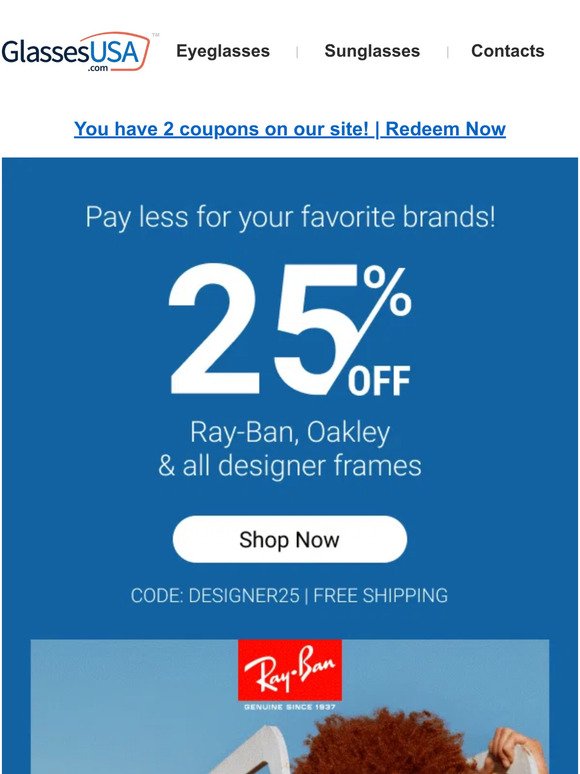 Designer frames sale is ON ➡️ 25% off Ray-Ban, Oakley & all your favorite brands