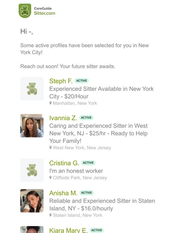 —, 5 new sitters have been selected for you in New York City