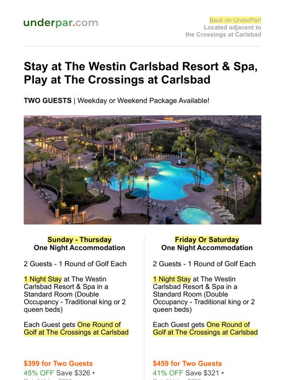 The Westin Carlsbad Resort & Spa is Back! Two Guests: 1 Night Stay + 1 Round of Golf Each at The Crossings at Carlsbad (Valid until May 19, 2024)