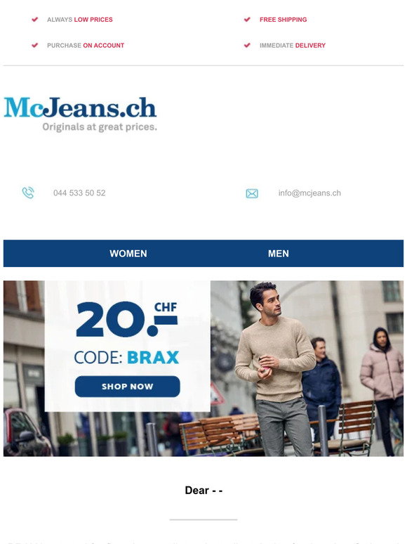 LAST DAY! 👖 CHF 20 off everything from BRAX – McJeans.ch – free shipping