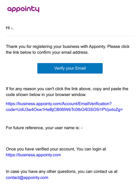 Confirm email and verify your Appointy account