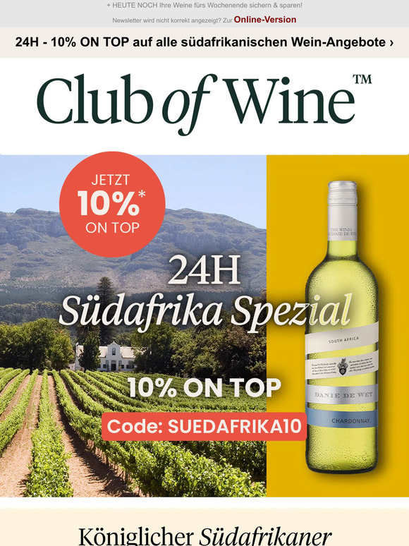 24H - 10% ON TOP auf alle südafrikanischen Wein-Angebote