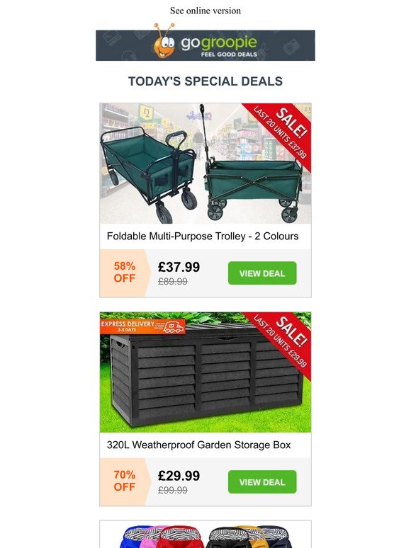 XL Storage Box ONLY £29.99 | Multi-Purpose Trolley ONLY £37.99 | Waterproof Gazebo ONLY £24.99 | Longline Raincoat ONLY £12.99 | 3L Compact Air Fryer ONLY £24.99