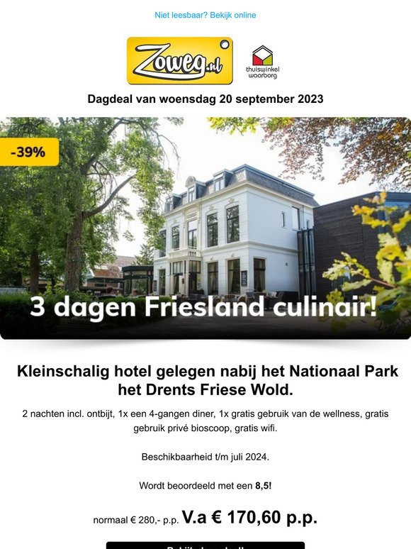 3 dagen Friesland culinair v.a 170,60 p.p.