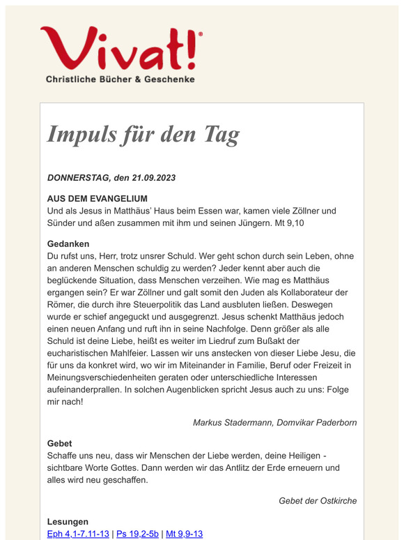 Impuls für DONNERSTAG, den 21.09.2023 - von Vivat!