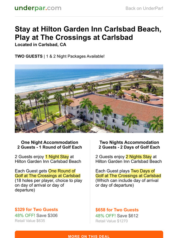 Hilton Garden Inn Carlsbad Beach: $329 for Two Guests - 1 Night Stay + 1 Round of Golf Each at The Crossings at Carlsbad (Valid until Dec 31, 2023)
